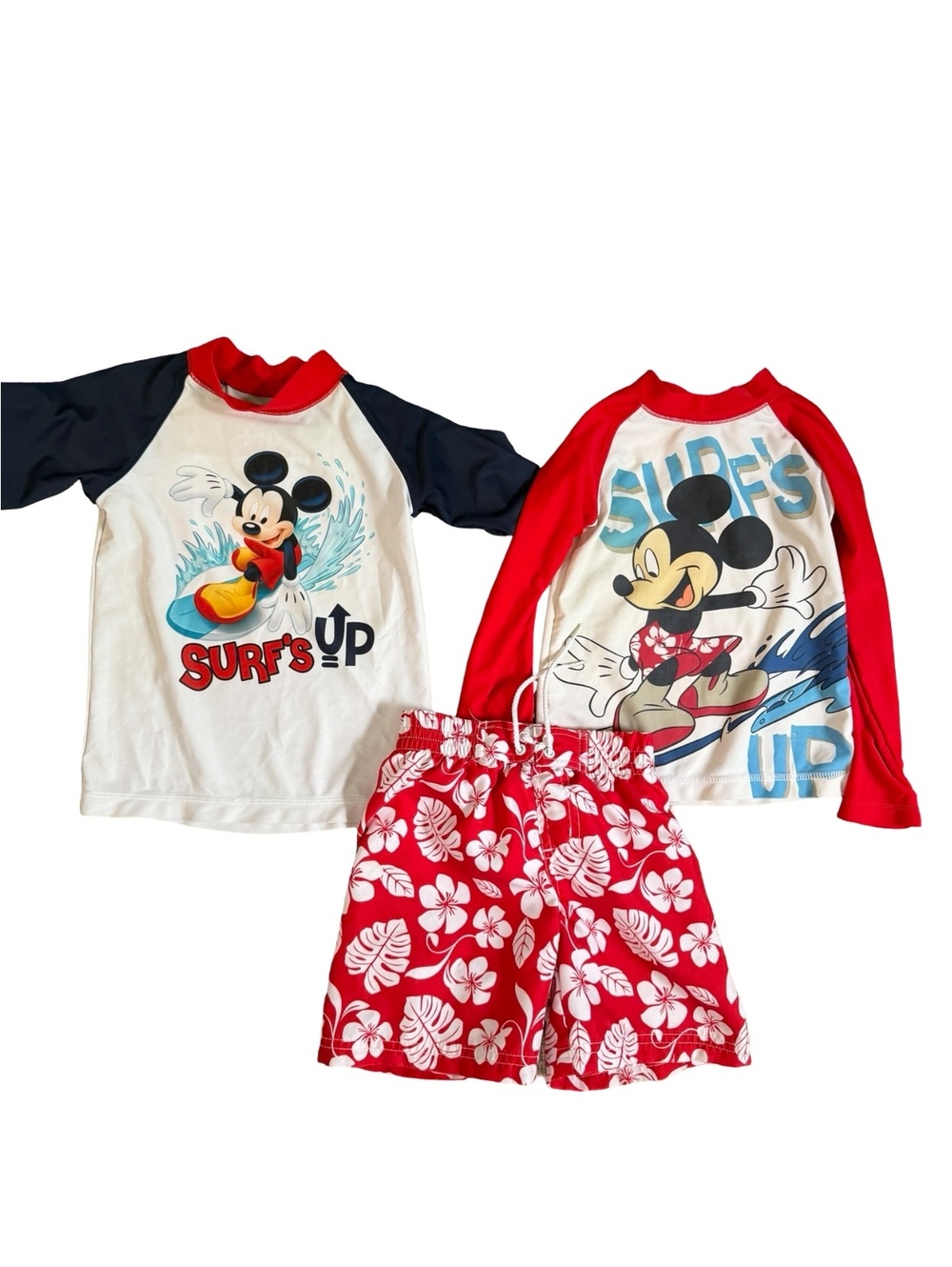Disney Mickey Mouse Boys Swim Set 24M 2T Rash Guard Shirts Swim Trunks 3 Pc